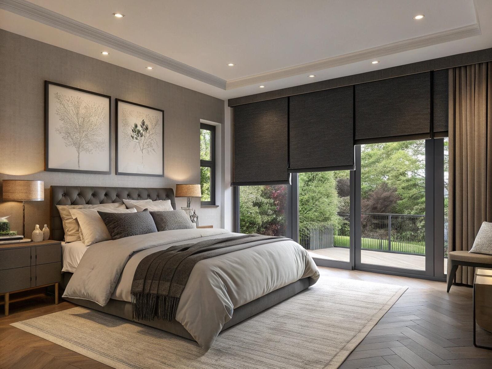 Blackout roller shades in a modern luxury master bedroom with a green-view balcony.