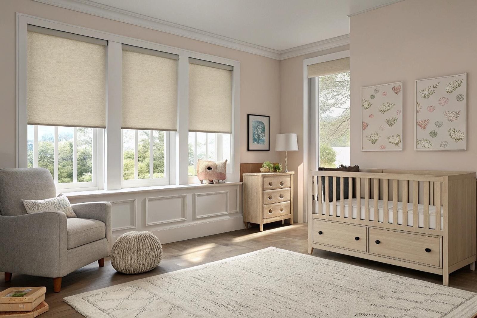 Light-filtering cordless roller shades in a bright, safe nursery with a crib.