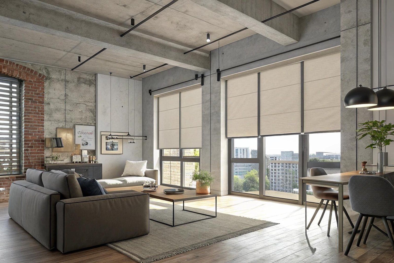 Light beige Roman shades in an industrial loft living room with concrete walls.
