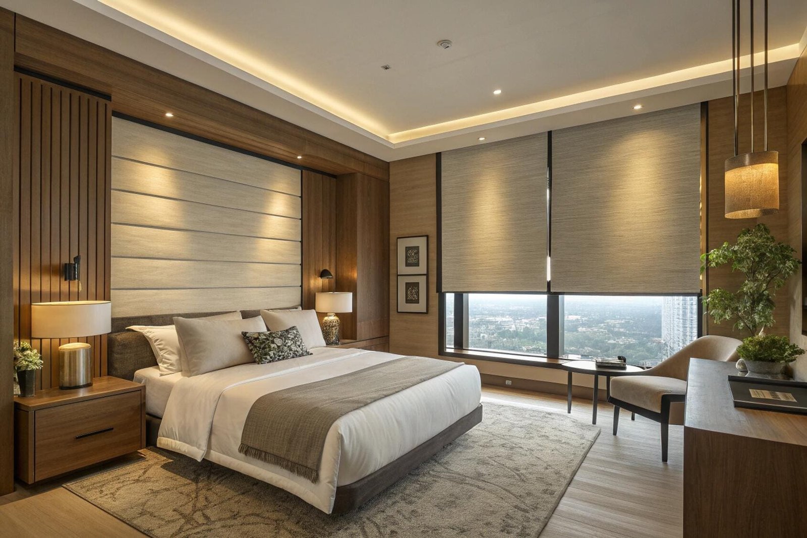 Light-filtering roller shades in a warm, luxury bedroom with wood accent walls.