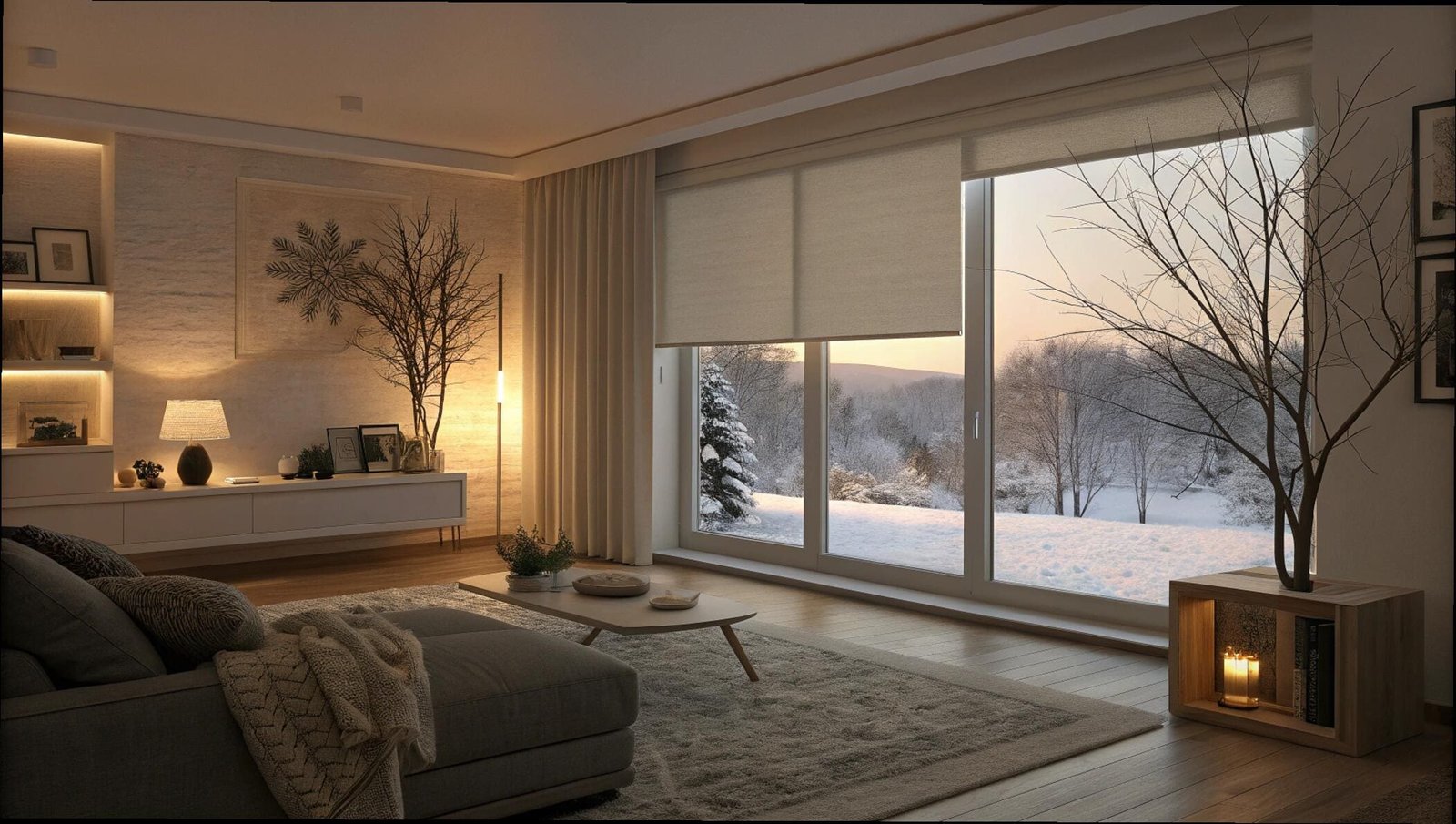 Insulating roller shades in a cozy living room with a snowy winter view.
