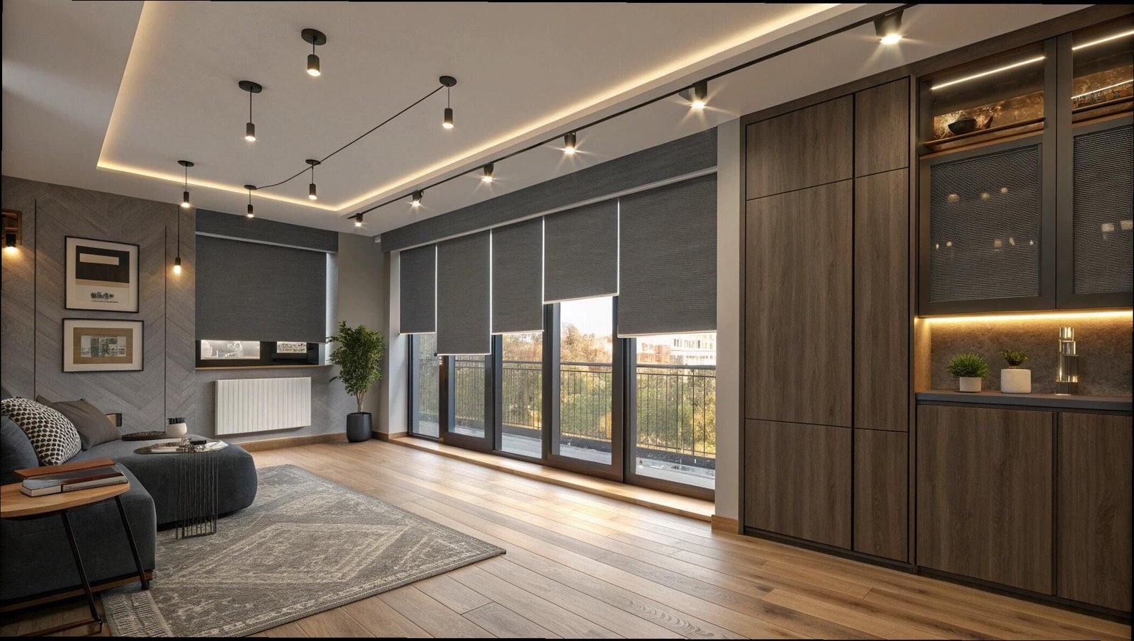 Blackout roller shades on large windows in a modern city apartment living room.