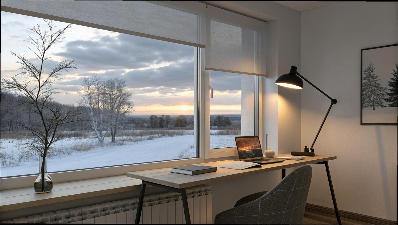 Light-filtering roller shade in a home office overlooking a winter sunset scene.