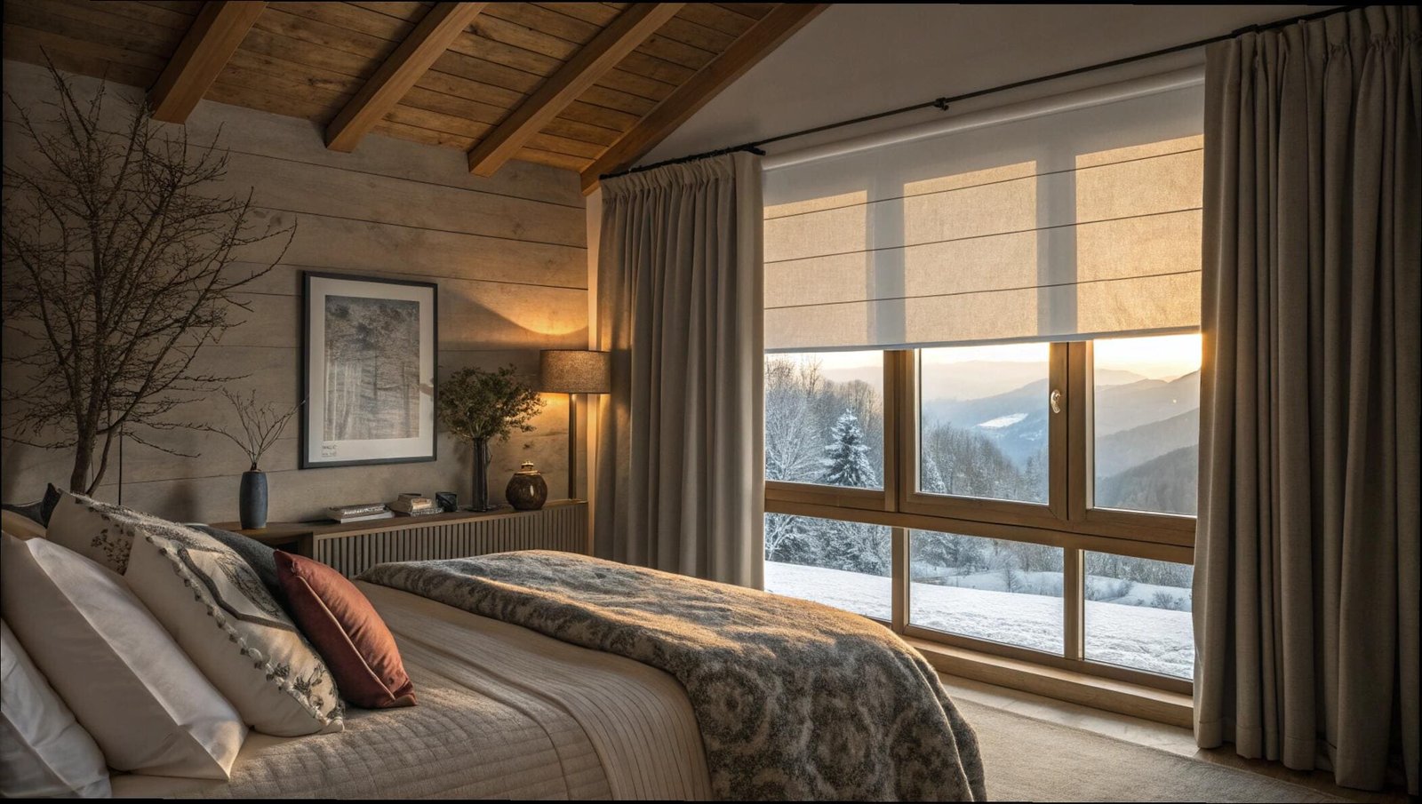 Layered thermal Roman shade and curtains in a luxury rustic bedroom with a mountain view.
