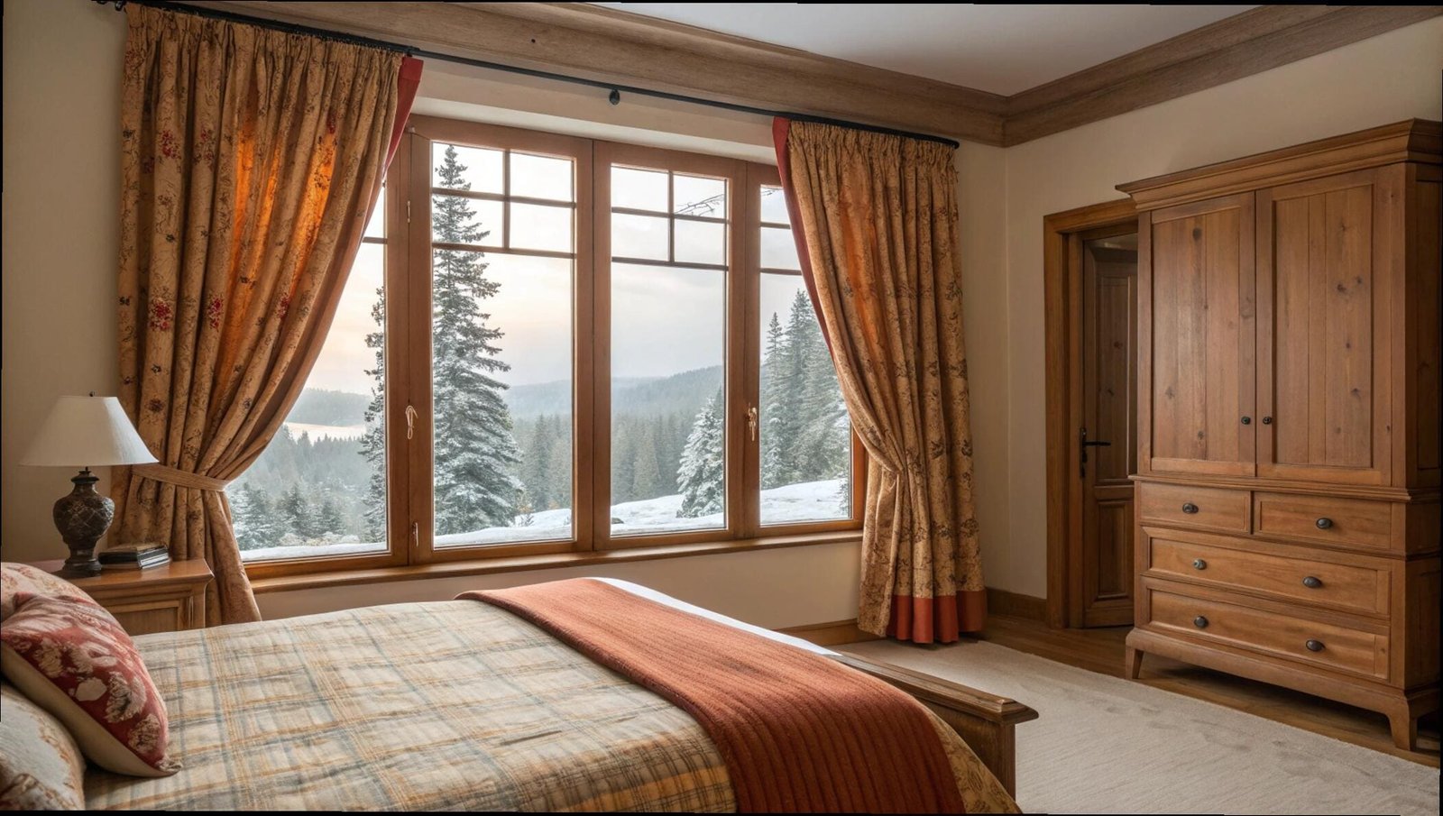 Luxury bedroom with thick curtains providing thermal layering over a snowy mountain view.