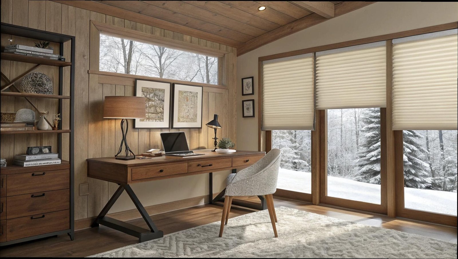 Energy-efficient cellular shades in a rustic home office with a winter landscape outside.