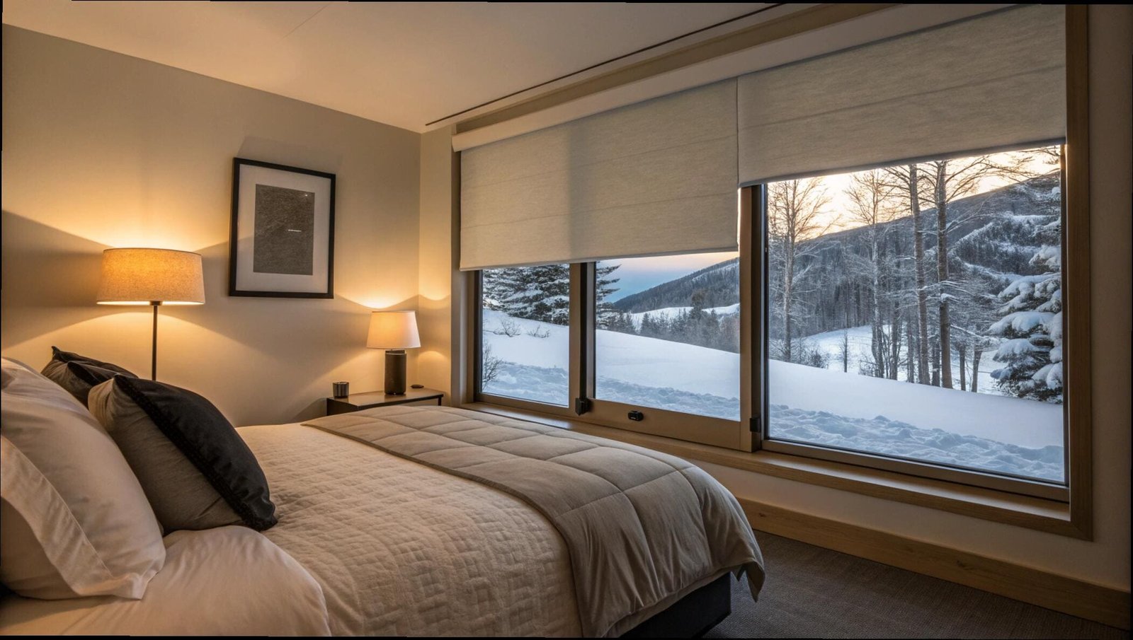 Insulating Roman shades in a modern bedroom, providing privacy and warmth against the cold.