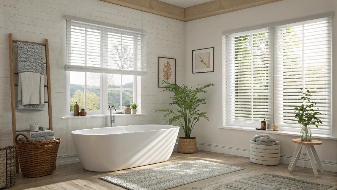 White faux wood blinds providing privacy in a farmhouse-style bathroom with a freestanding tub.
