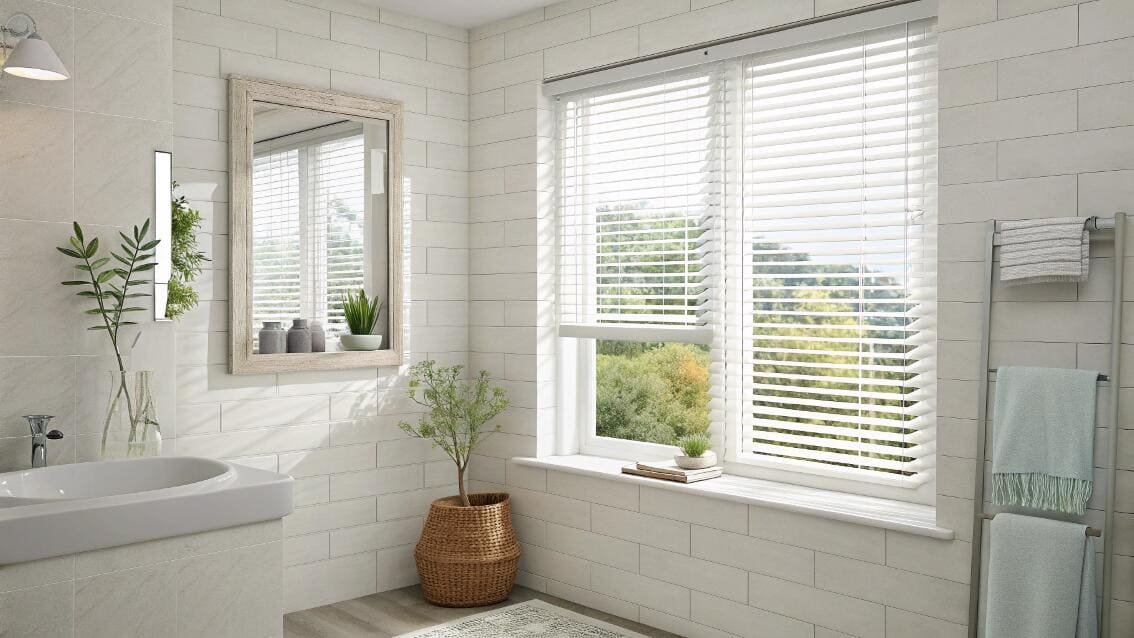 Waterproof white faux wood blinds in a bright, minimalist bathroom with white subway tile.