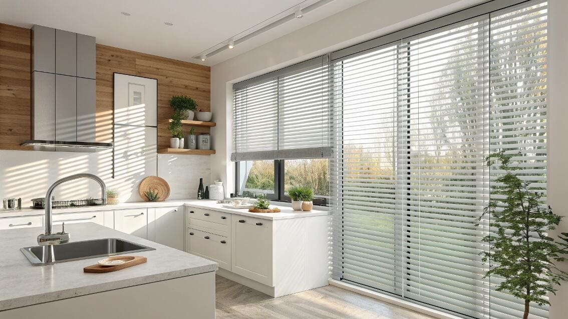 Sleek light gray blinds on a modern kitchen window and sliding glass door.