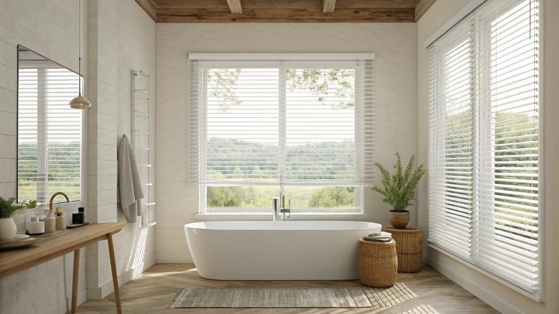 Bright white faux wood blinds over a soaking tub in a rustic luxury bathroom.