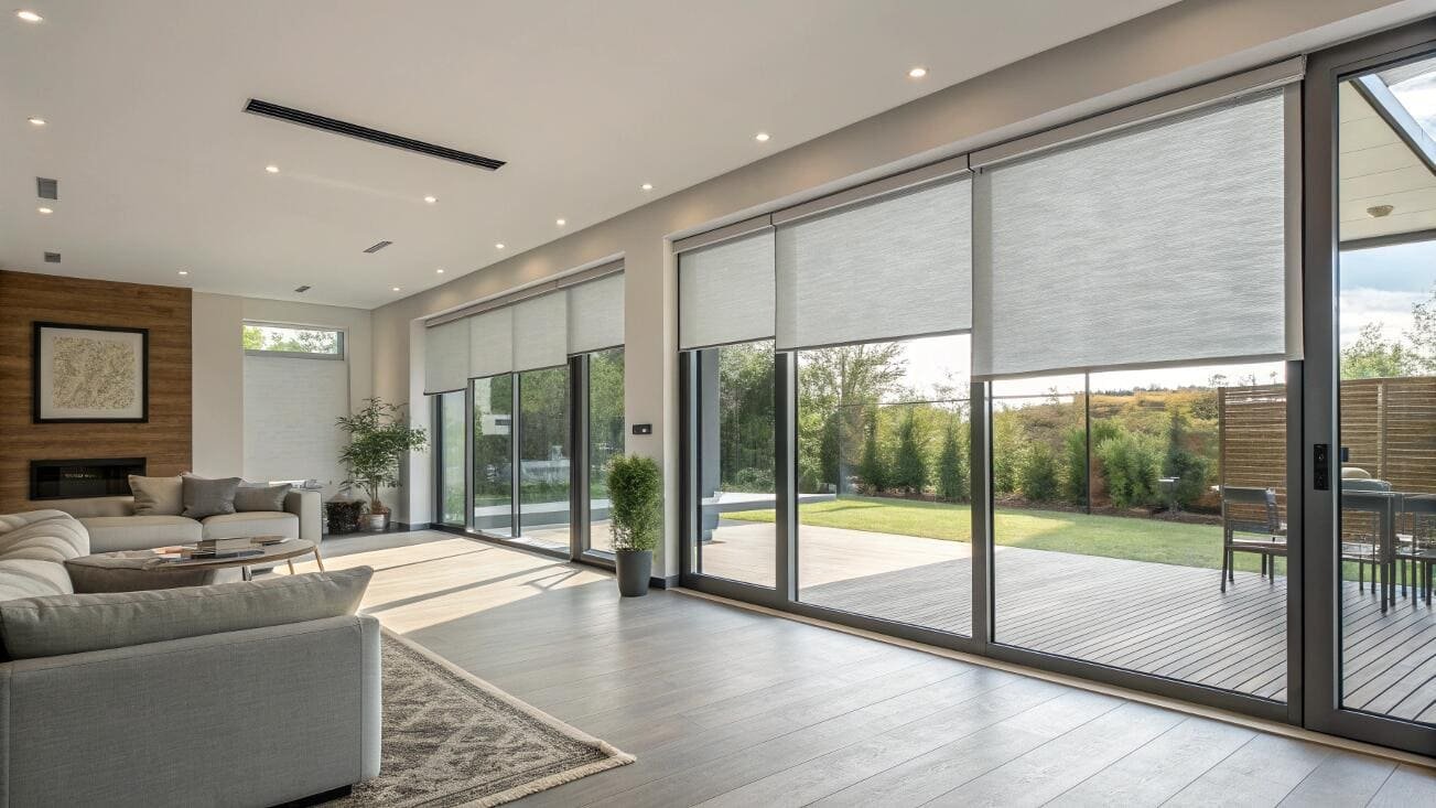Modern living room with large glass walls and light grey solar shades for glare control.