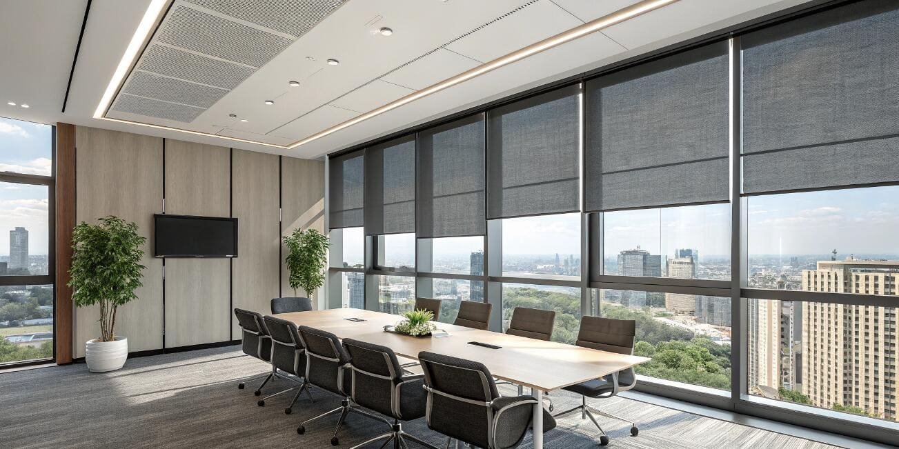 Modern office conference room with dark solar shades reducing glare over a city view.