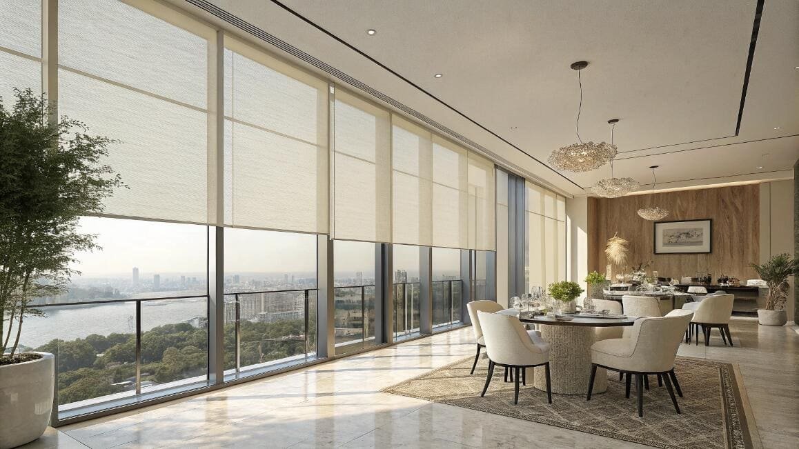 Luxury restaurant with floor-to-ceiling windows featuring light-filtering screen shades.
