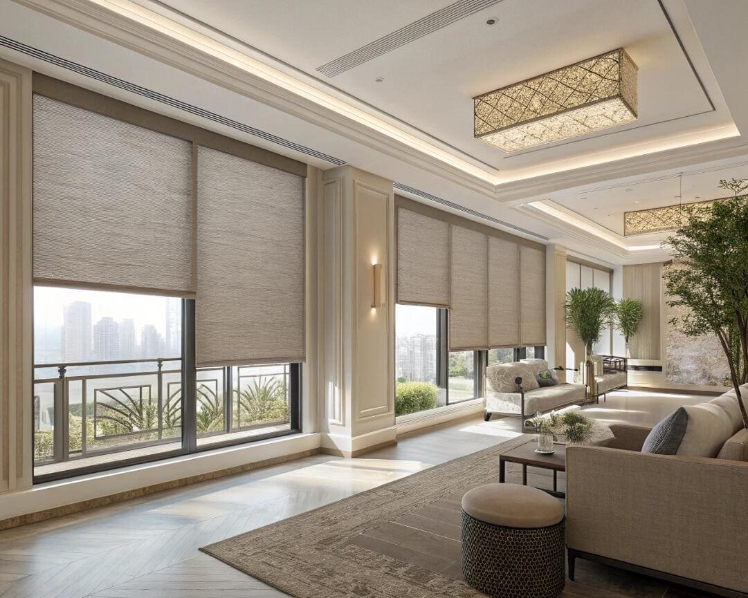 Luxurious living space with textured roller shades providing UV protection and style.