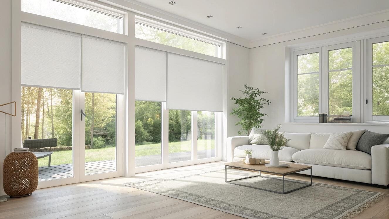 Bright modern living room with white light-filtering roller shades on large glass doors.
