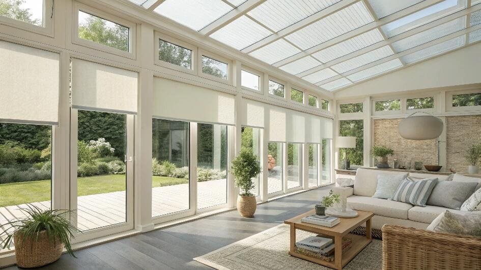 Sunroom with a glass roof featuring cream roller shades for solar heat control.