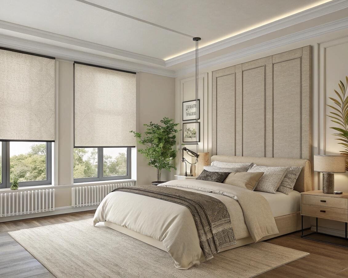Elegant bedroom with textured beige blackout roller shades for privacy and light control.