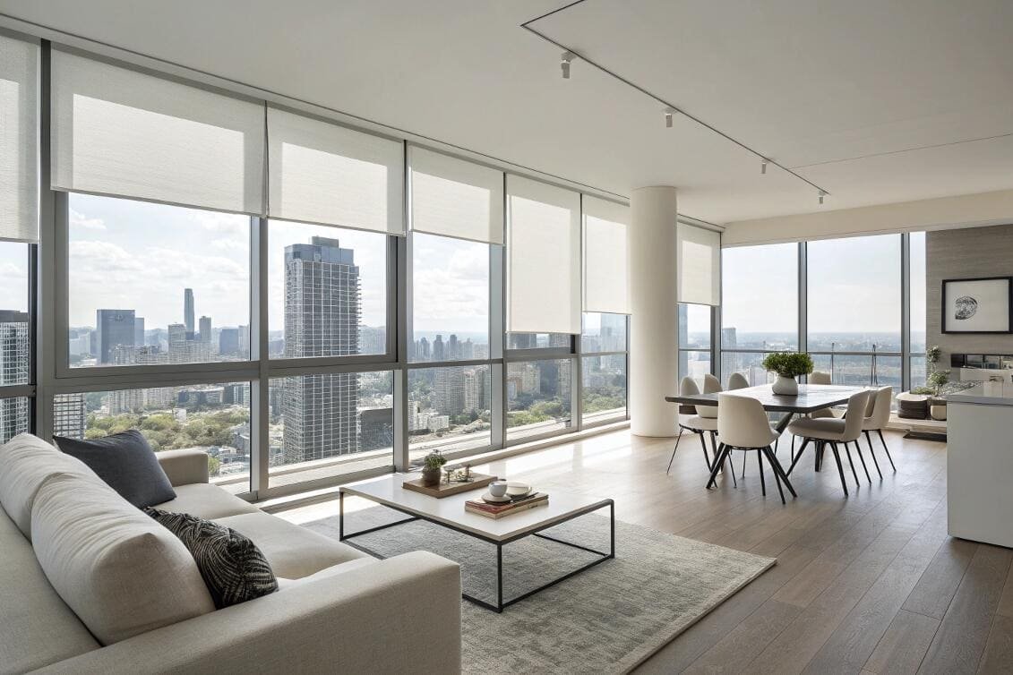 High-rise apartment living room with white solar shades preserving the city skyline view.