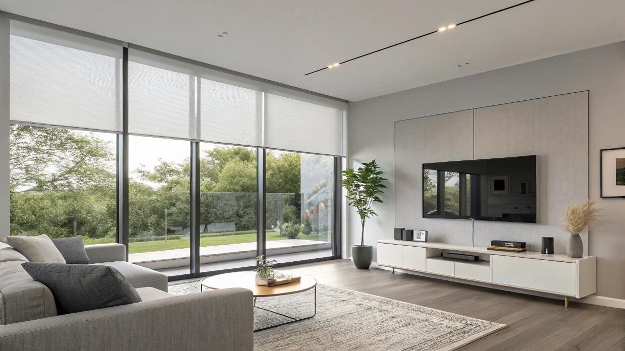 Minimalist living room with grey solar shades on floor-to-ceiling windows.