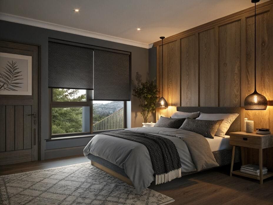 Cozy bedroom with dual blackout roller shades for complete light control and sleep.