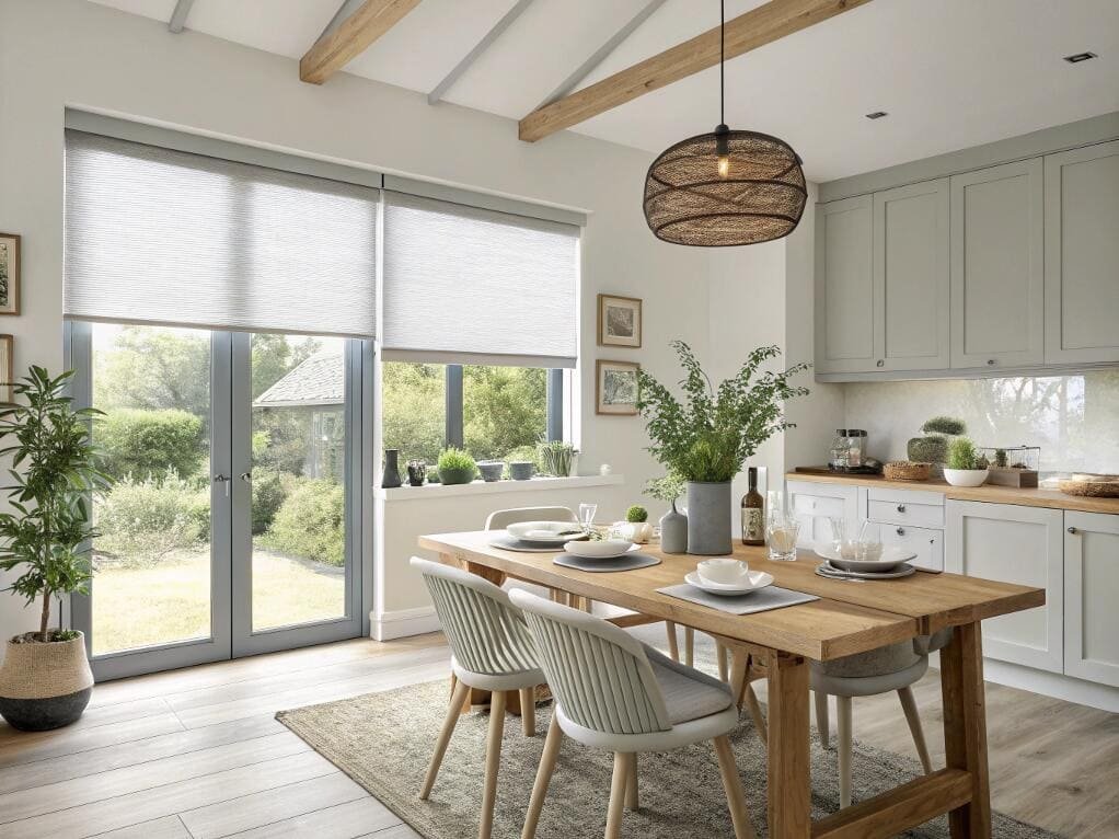Modern farmhouse dining room featuring light-filtering cellular shades for a clean look.