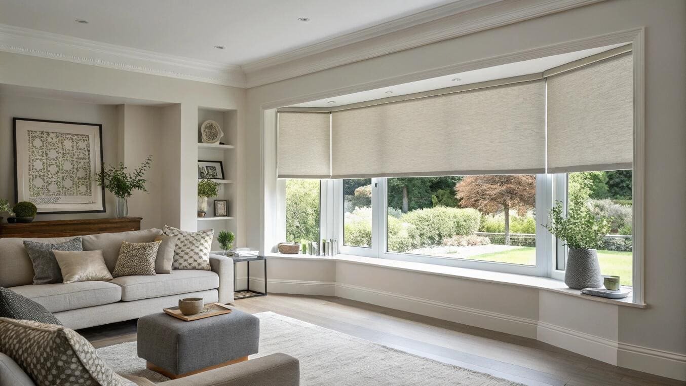 Traditional living room with textured beige roller shades on a large bay window.