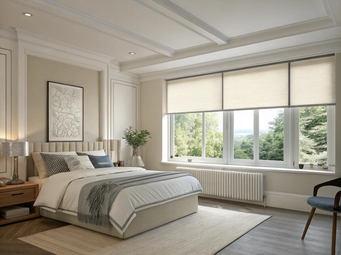 Elegant classic bedroom with light-filtering roller shades for soft light and privacy.