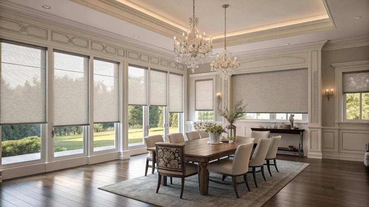 Formal dining room with textured light-filtering shades on floor-to-ceiling windows.