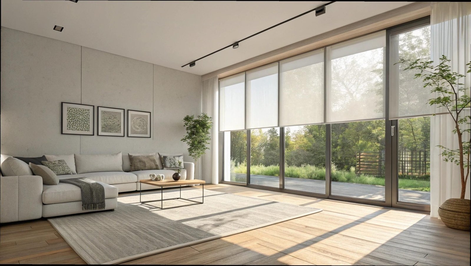 Light-filtering roller shades in a minimalist living room with a view of the outdoors.