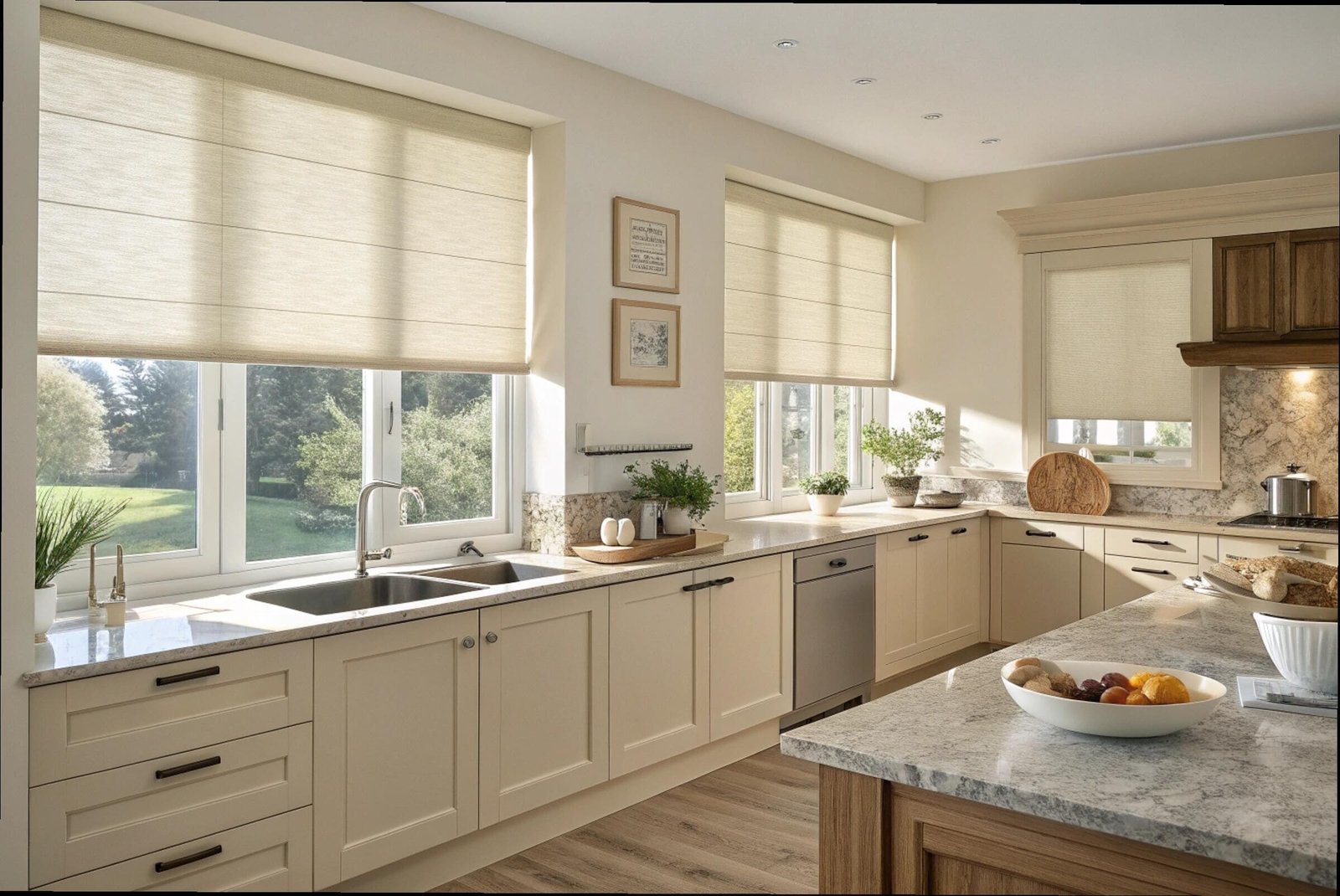 Classic kitchen with light-filtering Roman shades providing a soft glow and privacy.