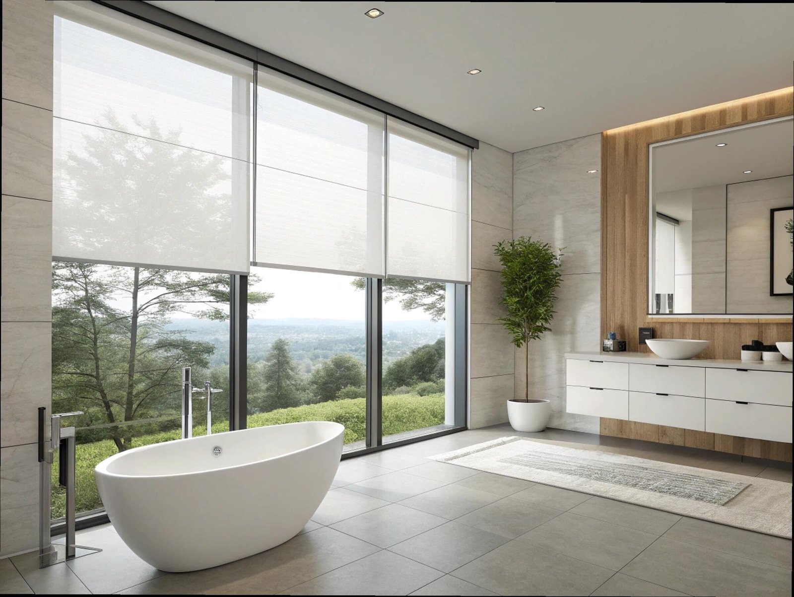 Modern spa bathroom with privacy roller shades preserving a stunning landscape view.