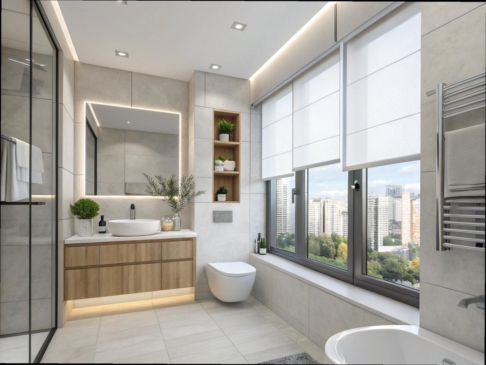 Urban bathroom with white roller shades for maximum privacy and natural light.