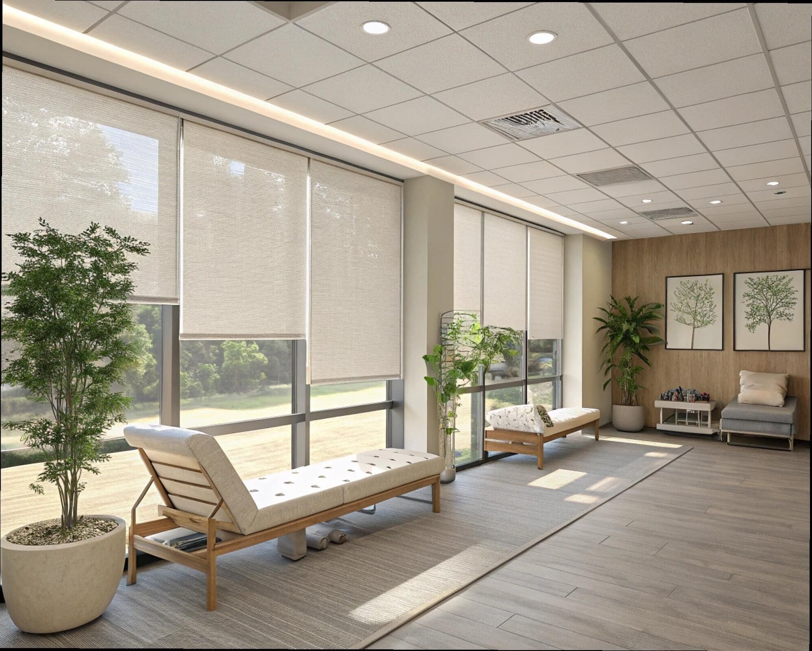 Commercial wellness space with solar shades to control glare and maintain a serene atmosphere.