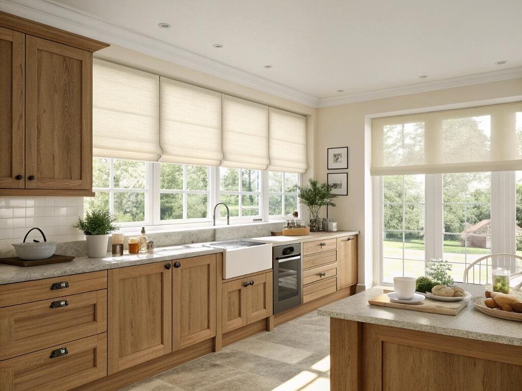 Cream-colored light-filtering Roman shades above a farmhouse sink in a traditional kitchen.