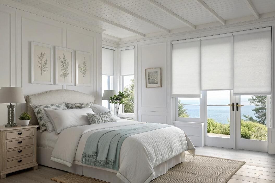Bright coastal bedroom with an ocean view and white light-filtering roller shades.