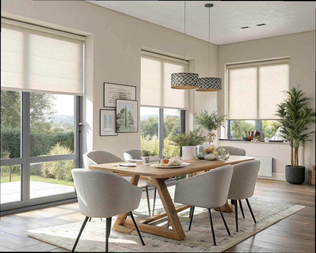 Contemporary dining room with large windows and cream-colored minimalist roller shades.