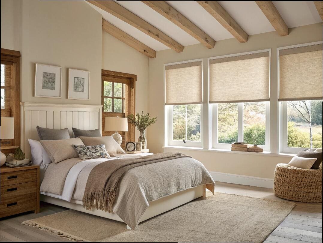 Rustic farmhouse bedroom with exposed beams and natural textured roller shades.