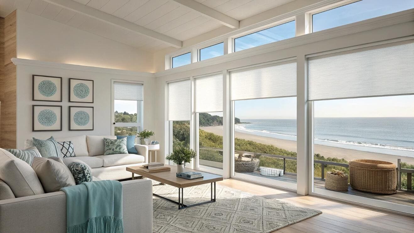 Bright coastal living room with light-filtering roller shades overlooking the ocean.