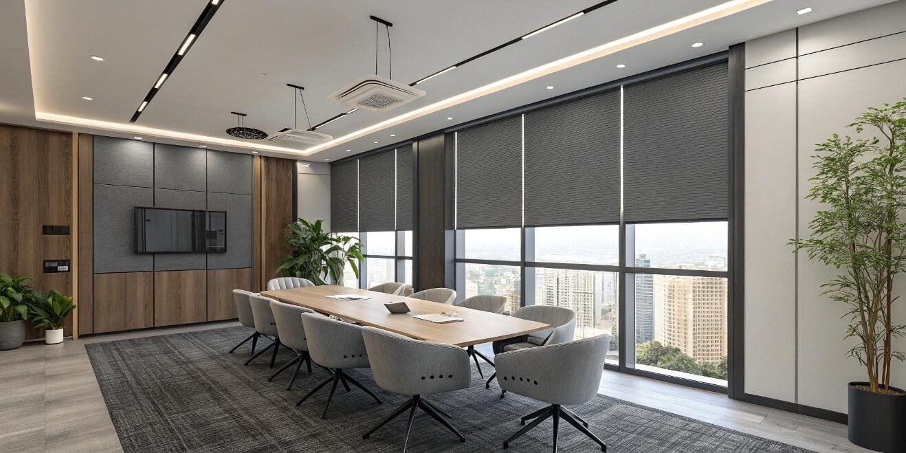 Modern conference room with dark solar shades for maximum glare control during meetings.