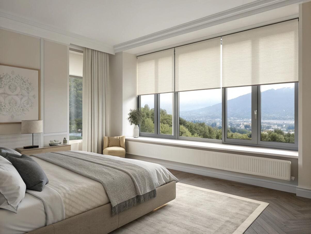 Serene bedroom with light-filtering shades providing privacy and a soft mountain view.