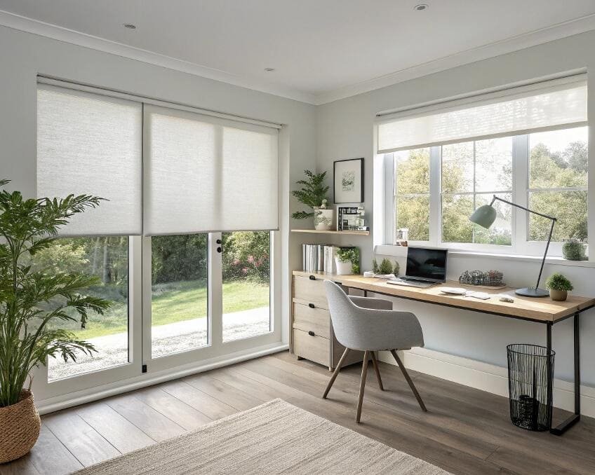 Bright home office with light-filtering roller shades for a productive, glare-free workspace.