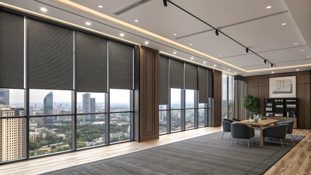 Executive office space using dark, high-performance shades to manage glare on glass walls.