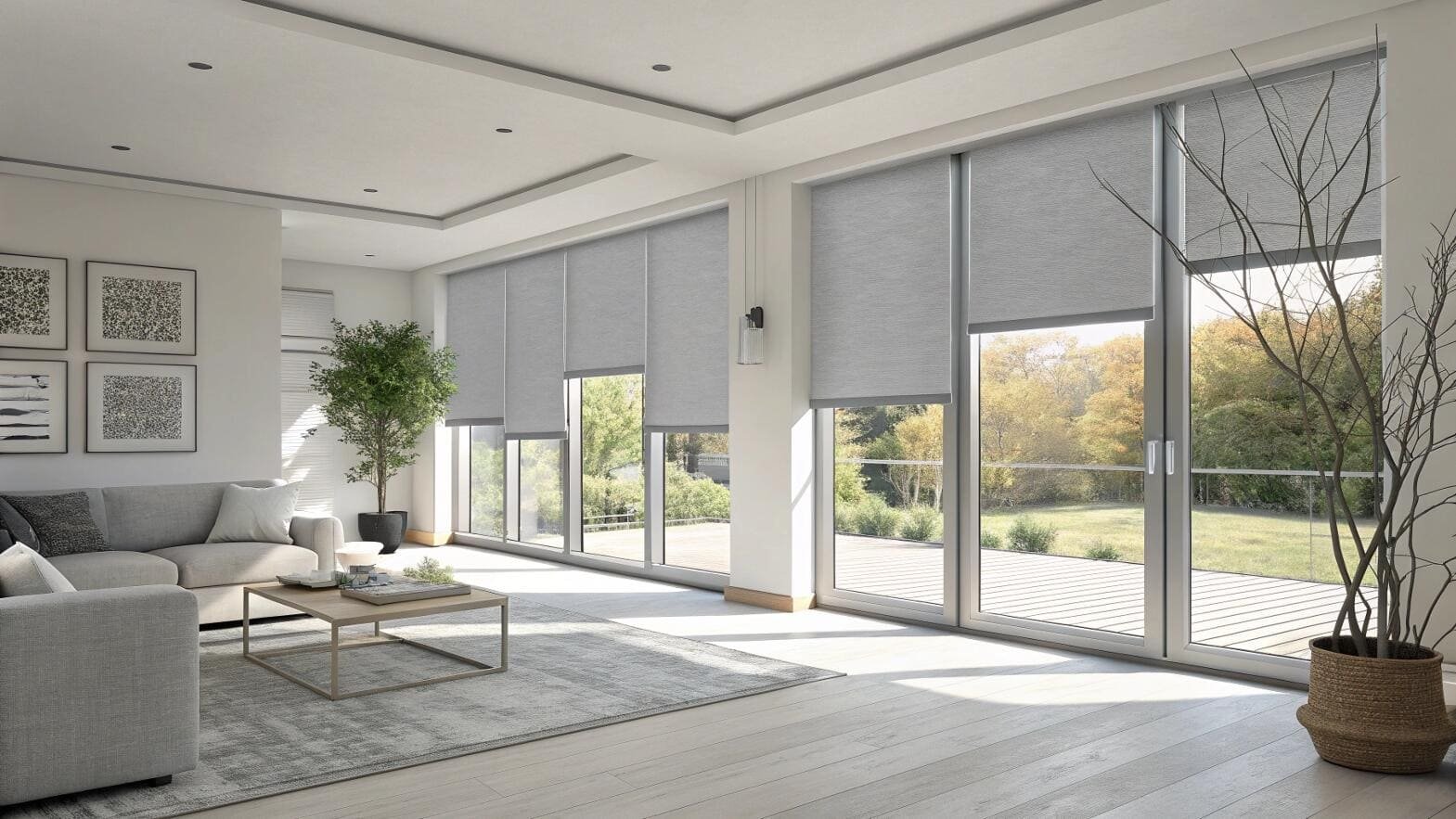Modern living room with grey solar roller shades on large windows and glass doors.