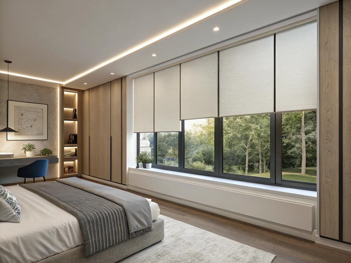 Modern bedroom with white blackout cellular shades for total light control and privacy.