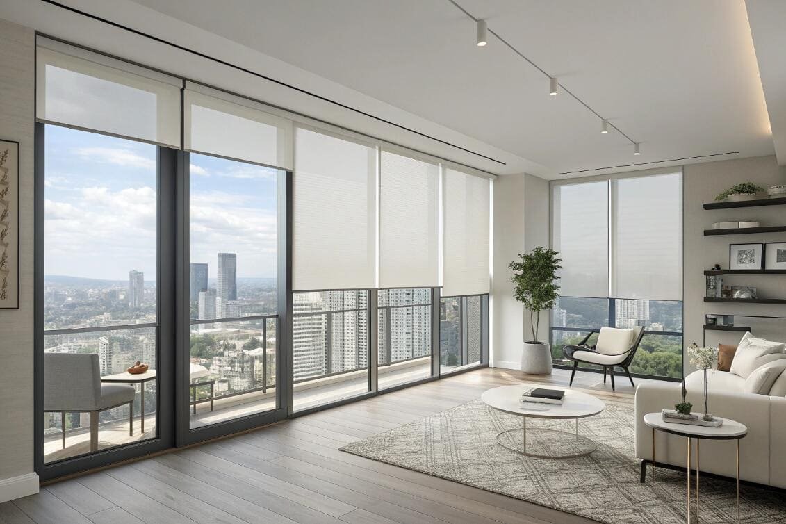 High-rise living area with a dual shade system for versatile light and city views.