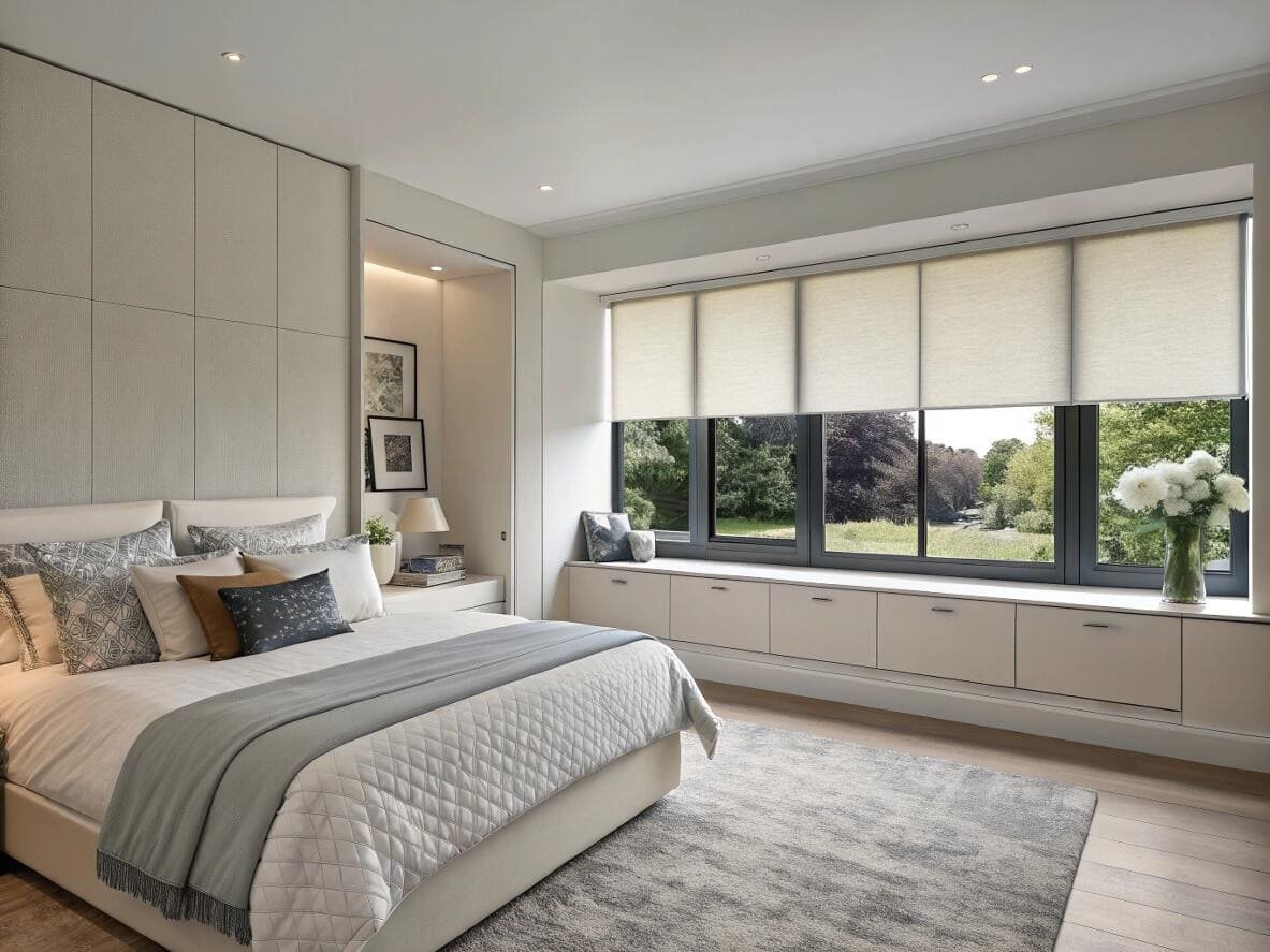Serene master bedroom with light-filtering roller shades above a built-in window seat.