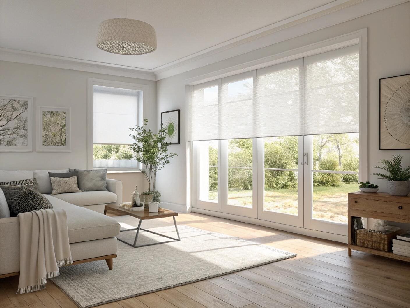 White light-filtering roller shades on large patio doors in a bright living room.