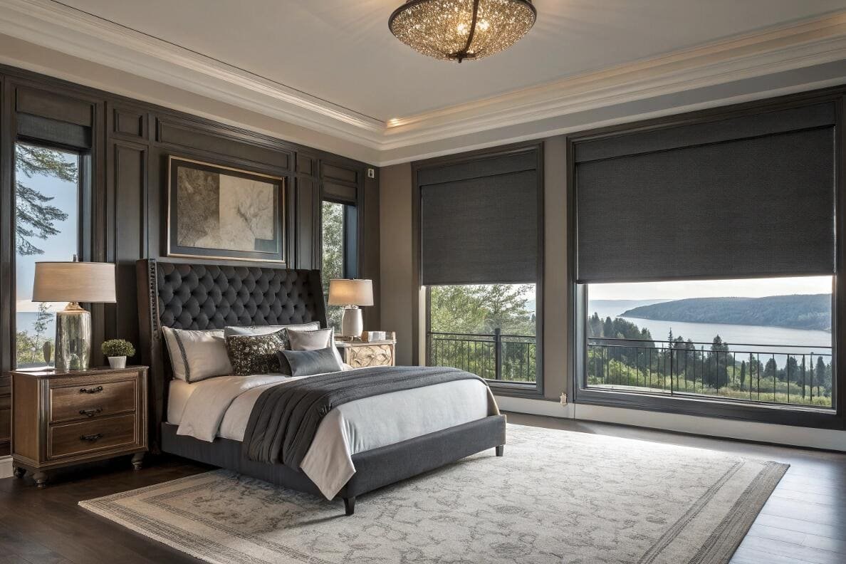 Dark room-darkening Roman shades in a luxury bedroom with a lake view.