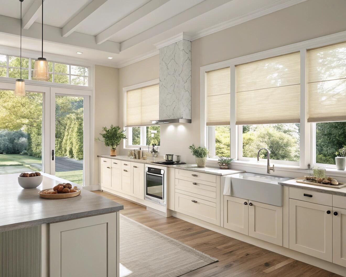 Cream-colored Roman shades in a classic farmhouse kitchen with a large sink.